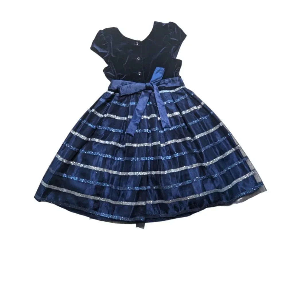Joan Michele Blue Glitter StripeBow Special Occasion Dress Size 8 - Picture 2 of 7